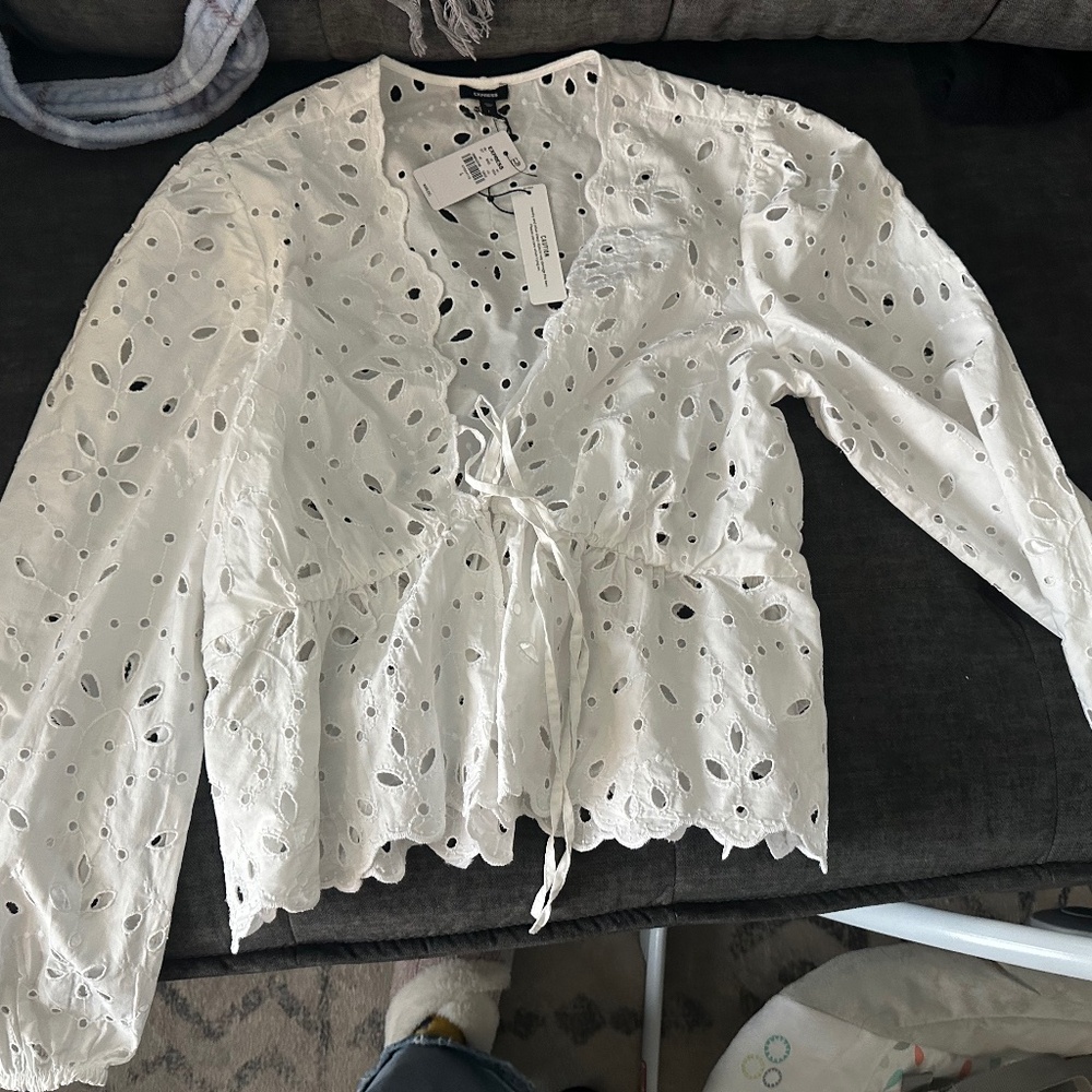 Eyelet V-Neck Double Tie Front Top Express
